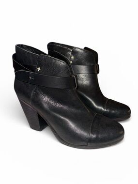 Rag & Bone Harrow Ankle Boots Black Leather Size 37.5 Ankle Strap Booties